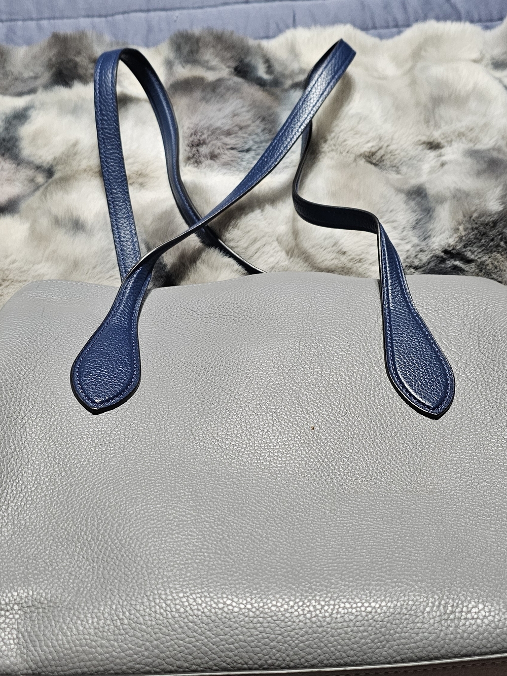 Coach Light Gray Tote with Navy Shoulder Straps